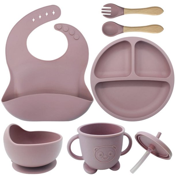 Babero de silicona para madres e hijos Plato de silicona para la cena Juego de ocho piezas Plato de succión para entrenamiento complementario de alimentos para bebés Juego de vajilla separada para