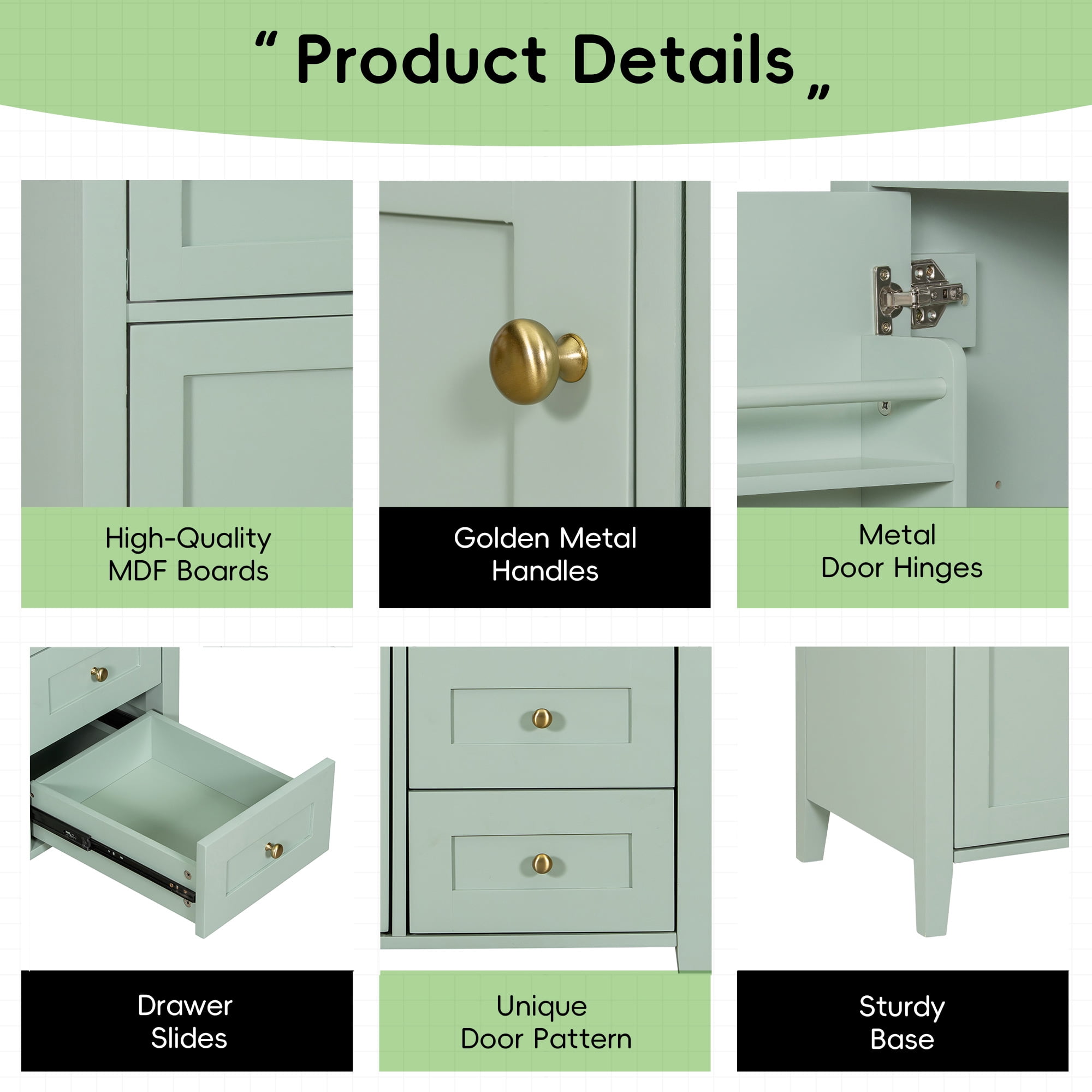 Anpport 36" Freestanding Bathroom Vanity with Sink, Modern MDF & Rubberwood Cabinet, 3 Drawers, Adjustable Shelf & Left‑Side Door, Light Green