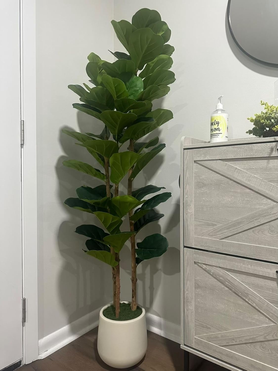 5 ft Faux Fiddle Leaf Fig Tree with White Pot, Faux Trees with Artificial Plants 56 Fiddle Leaves Greenery - Lifelike Fake Tree for Home Office Store Room Decor Indoor Outdoor