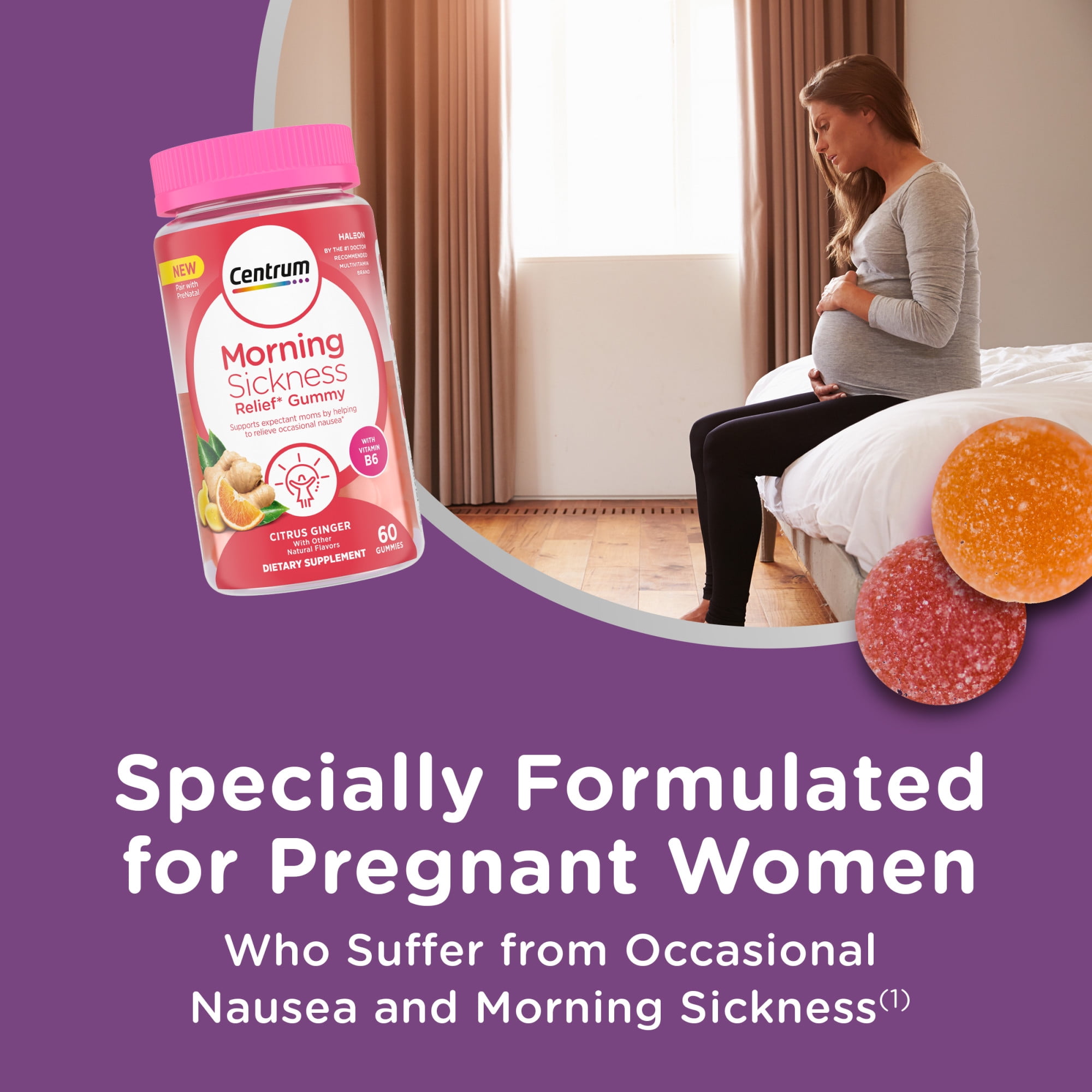 Centrum Prenatal Vitamin Gummies for Morning Sickness Relief, Citrus Ginger Flavor, 60 Count