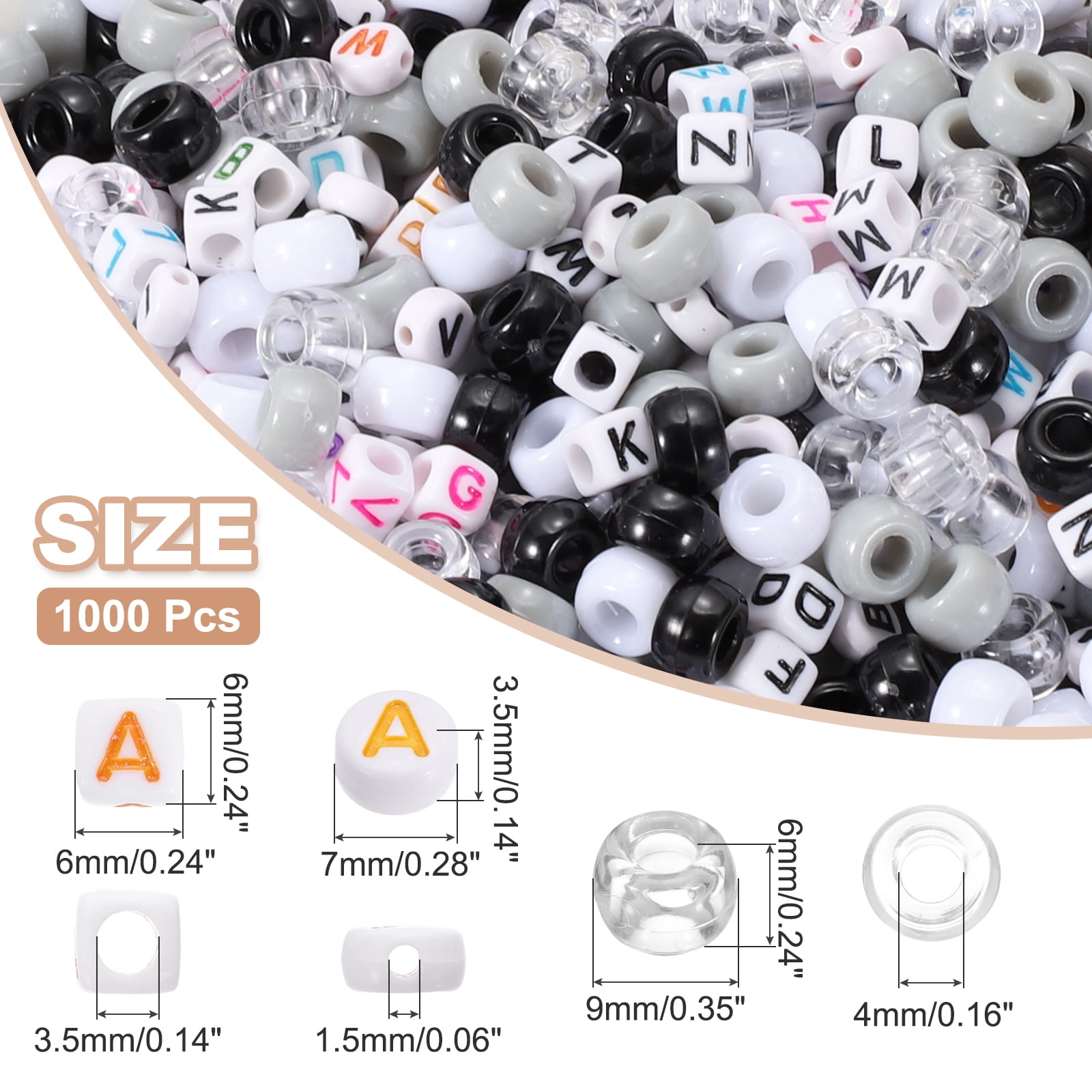 Uxcell 1000 Pcs Pony Beads 6 x 9 mm Acrylic Friendship Bracelet Making Kit with Letter Bead, Black/White