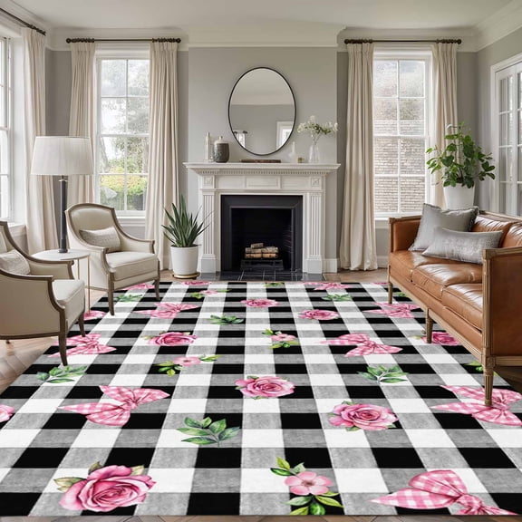 Valentine's Day Area Rugs 5'x7', Washable Small Throw Rugs for Laundry Room Playroom, Spring Roses Pink Bows Black White Plaid Indoor Outdoor Rug Non-Slip Low Pile Carpet Runner Reversible Floor Mats