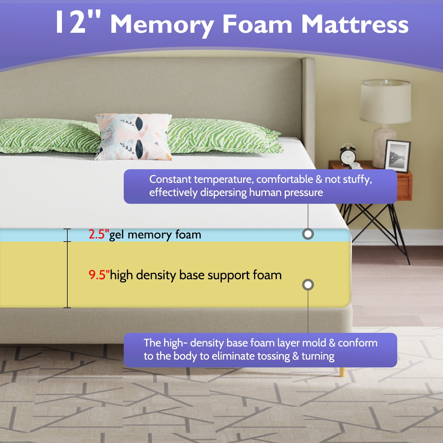 YRLLENSDAN 12 inch King Size Memory Foam Mattress Medium Firm King Mattress in a Box Fiberglass Free CertiPUR-US Certified Mattress for Pressure Relieving