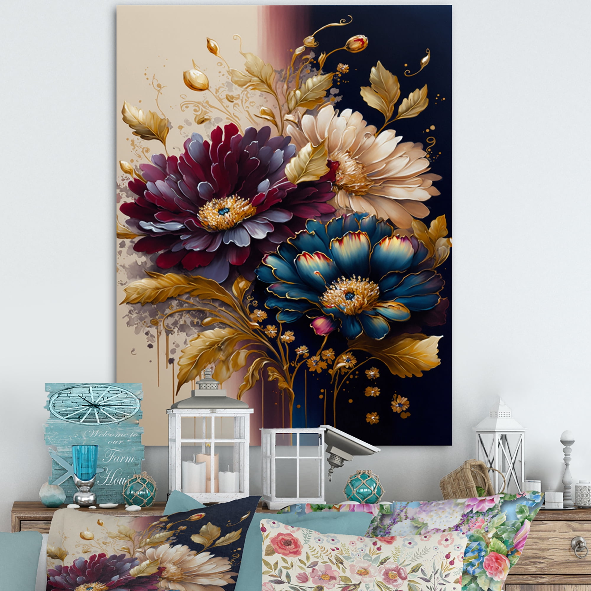 Designart Burgundy And Blue Daisy Bunch III Canvas Wall Art