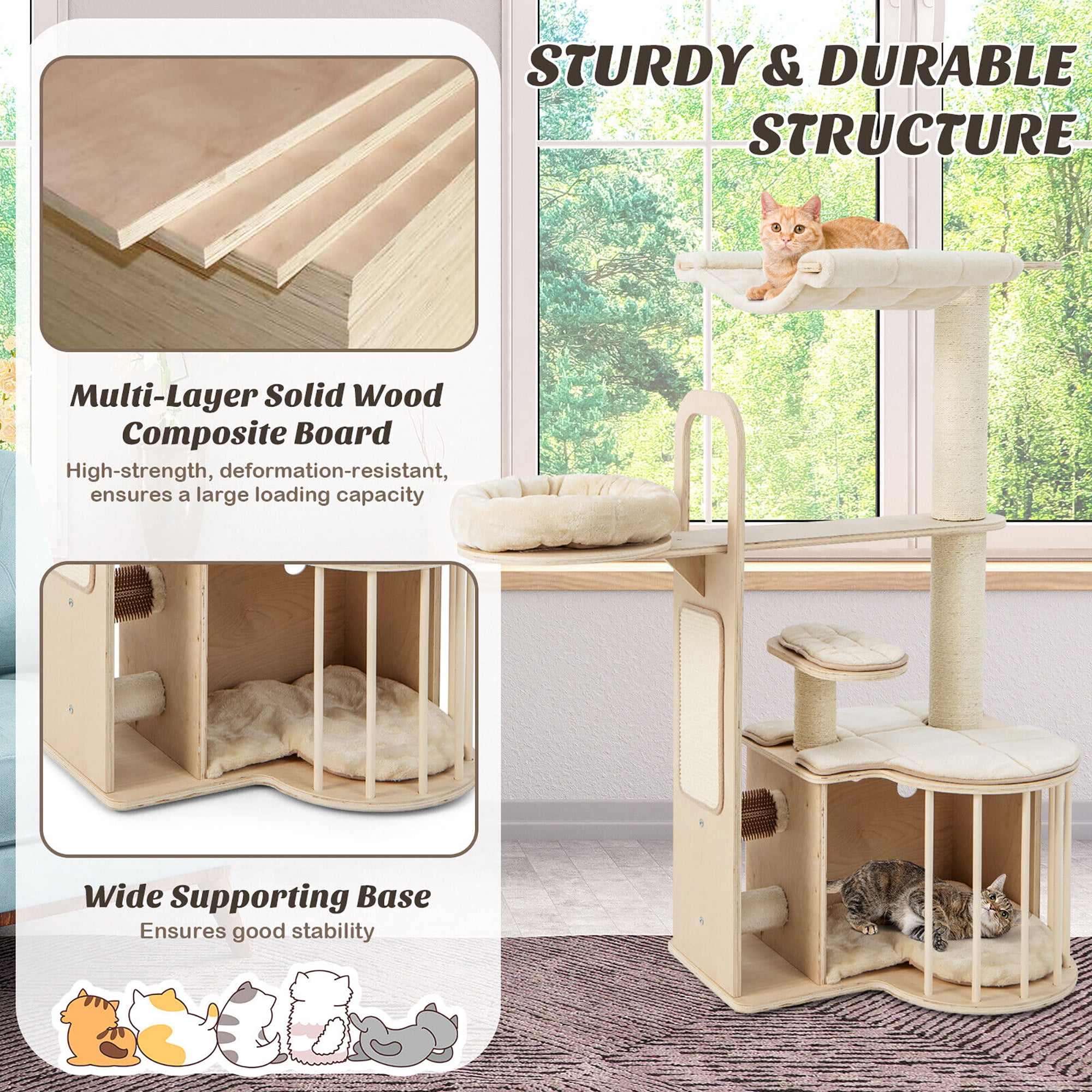 Gymax 55'' Tall Cat Tree Tower Multi-Layer Wooden Activity Center w/ Rest Condo & Hammock