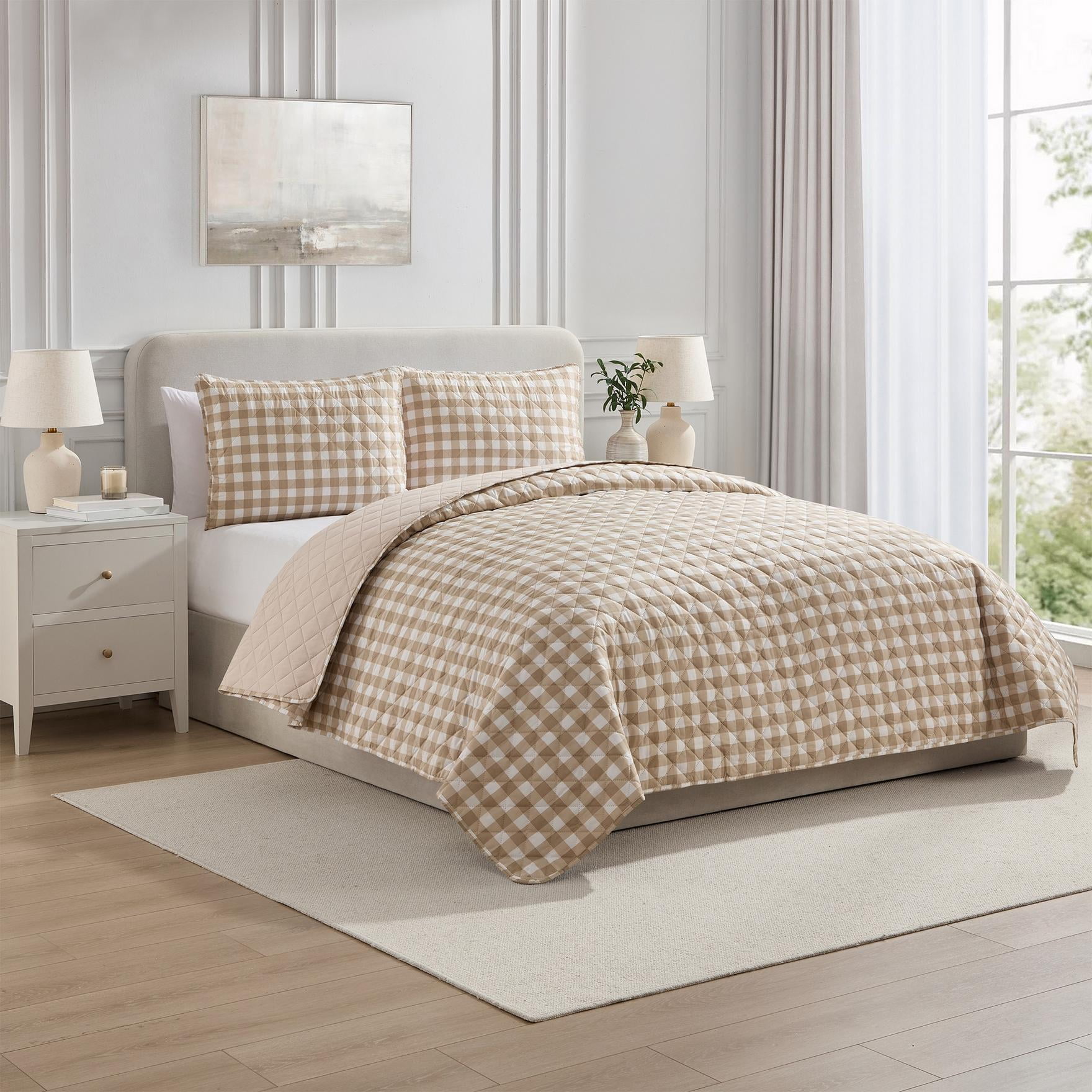 VCNY Home Taupe Gingham 2-Piece Adult Microfiber Quilt Set, Twin