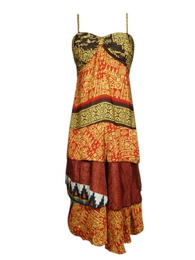 Mogul Women Boho Sari Dress Layered Spaghetti Strap Gypsy Gypsy Fashion Party Dresses S/M