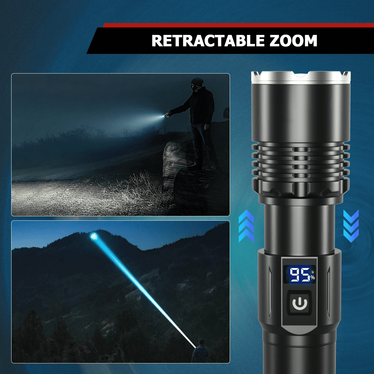 2pack High Lumens USB Rechargeable LED Flashlights, 3 Modes Super Bright Powerful Zooom Handheld Flashlight With 18650 Battery & LCD Power Display For Home/Camping/Hiking