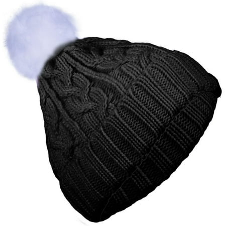 Basico Adult Junior Fur PomPom Winter Cable Knitted Beanie Soft Fited