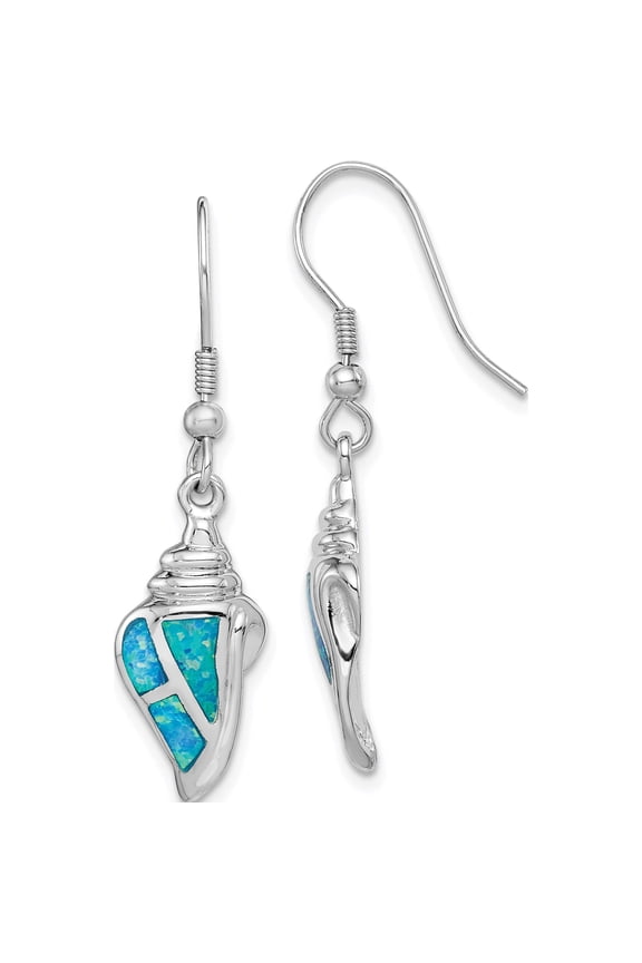 Sterling Silver Rhod-Plated Created Blue Opal Seashell Dangle Earrings (36 X 9) Made In China qe14447