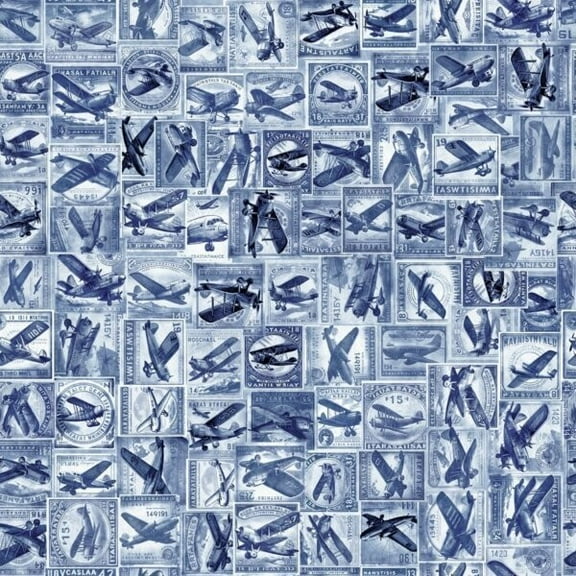 Flying High Airplane Collage Denim Cotton Fabric (1 Yard)