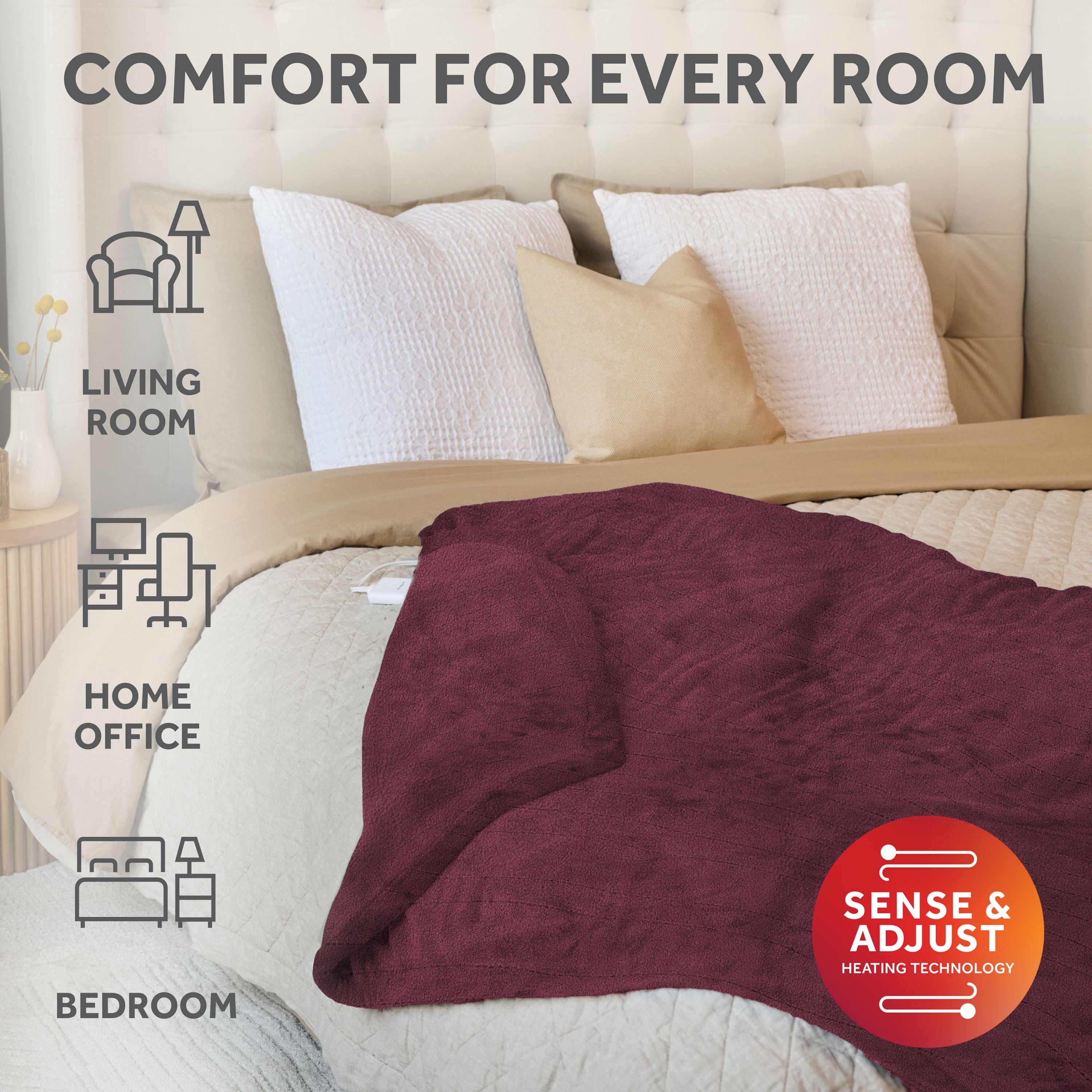 Sunbeam Heated Electric Oversized Microplush Throw Blanket, Merlot, 4 Heat Settings, 60 x 80 in