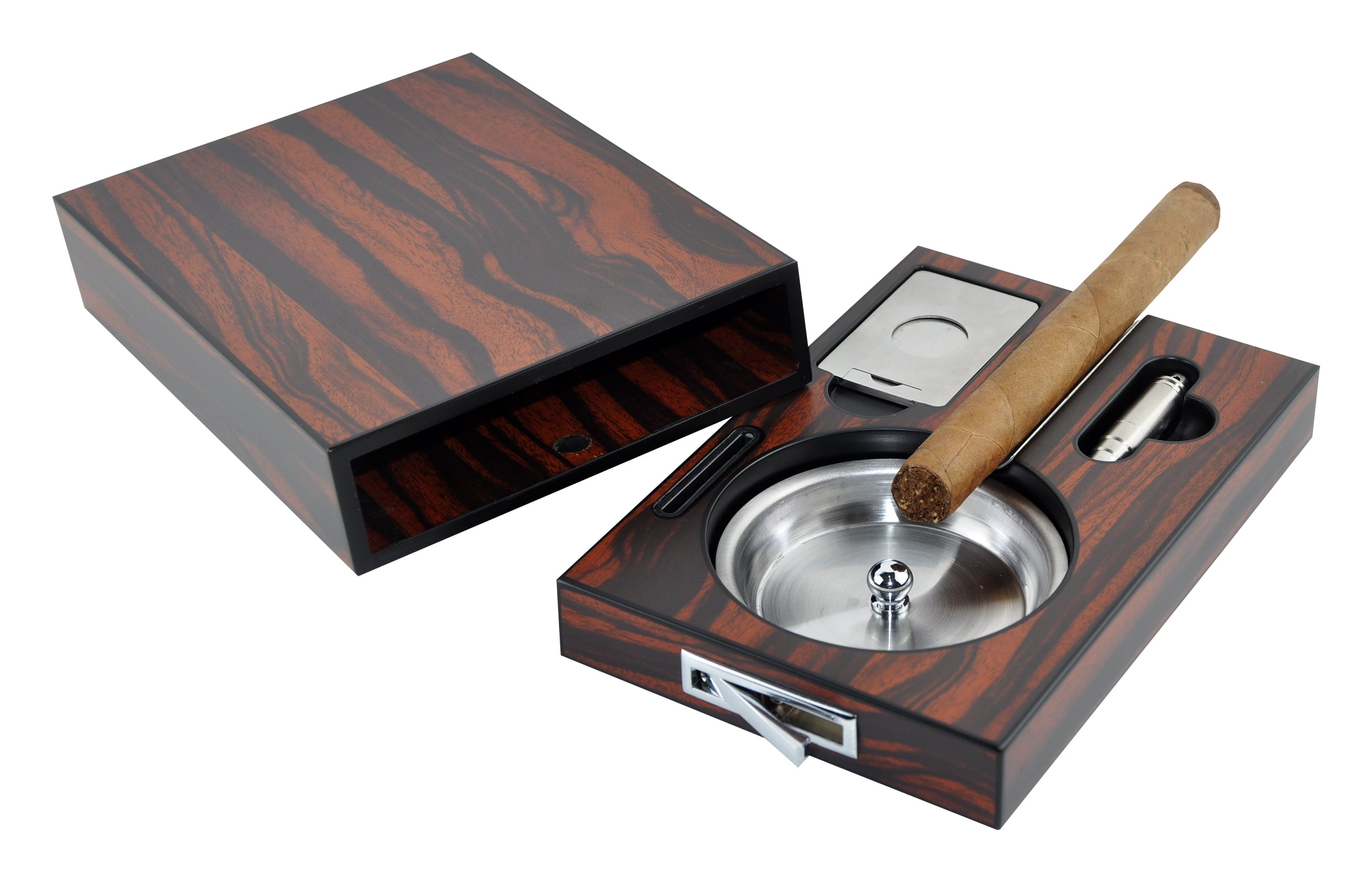 Ebony Wood Ashtray w/ Punch and Guillotine Cutters Stainless Steel Accents 