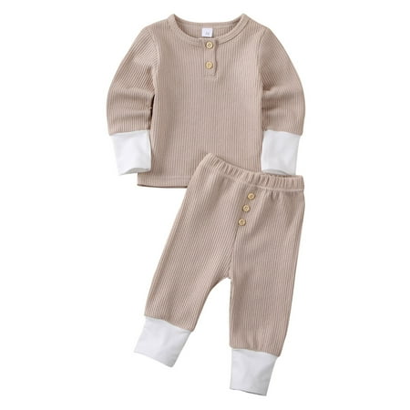 

Canrulo 2Pcs Set Cute Baby Girl Boy Fall Spring Clothes Long Sleeve Knitted T-Shirt Tops Long Pants Outfits Beige 6-12 Months