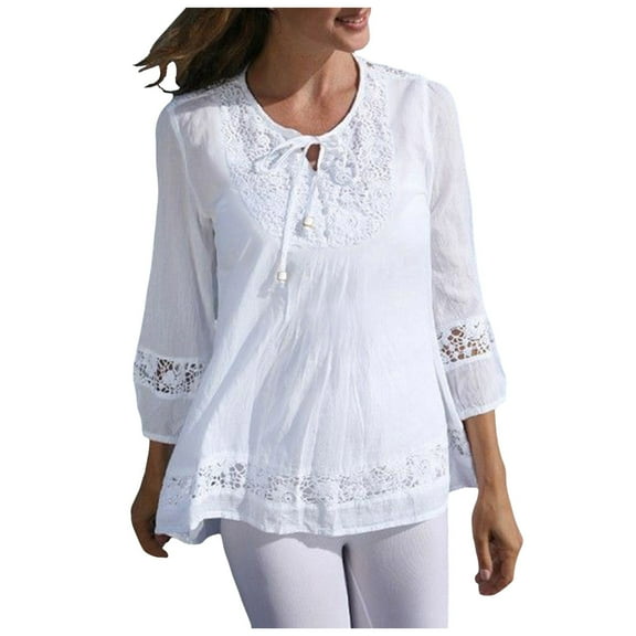 Blouse For Women Summer Vintage Lace Patchwork Bow V Neck Embroidery Summer 3/4 Sleeve Retro Solid Tops T Shirt