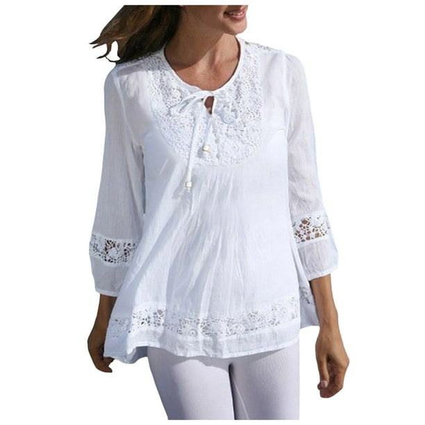 Blusa vintage de encaje con parches para mujer: cuello en V con lazo, manga 3/4, bordado, color liso, estilo retro/casual, verano