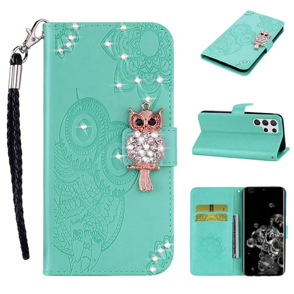Diamond Wallet Case for Samsung Galaxy S23 Ultra with Card Slots Holder Magnetic Clasp Cover, Shining Sparkle Owl Embossed Pattern PU Leather Flip Folio Case with Wrist Strap Kickstand Case,Green