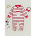 thumbnail image 2 of Wassery Baby Girls Christmas Clothes Infant Girls Footies Onesie Long Sleeve Stripe Santa Claus Print Jumpsuits Toddler Fall Romper Bodysuits with Headband 0-12 Months, 2 of 8