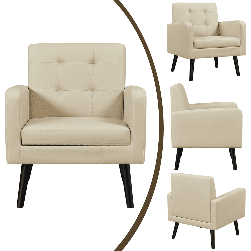 Alden Design Mid Century Faux Leather Tufted Accent Chair for Living Room, Beige