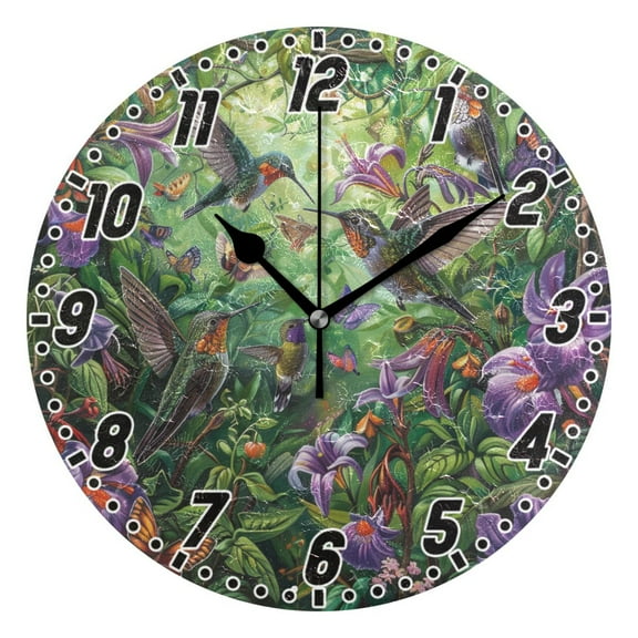 Hummingbirds Dance in Leaves Round Wall Clock Battery Operated Silent Non-Ticking Bedroom Office Kitchen Home School Decor 10"(Black)