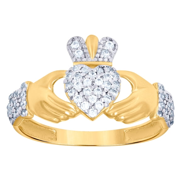 10k Two-tone Gold Womens Cubic Zirconia Love Heart Irish Claddagh Celtic Trinity Knot Ring 11.1mm Long Statement Ring fo