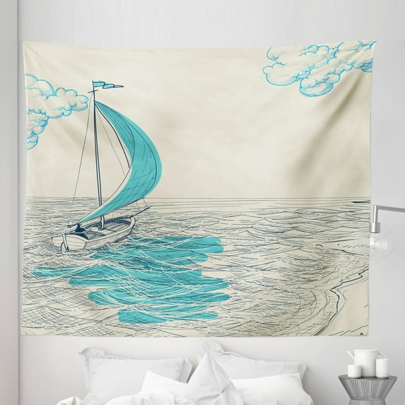 Black White Tapestry, Sailing Boat Reflection Cloudy Sky Sandy Seaside Shoreline Hobby Water Sports, Fabric Wall Hanging Decor for Bedroom Living Room Dorm, 5 Sizes, Aqua Beige, by Ambesonne