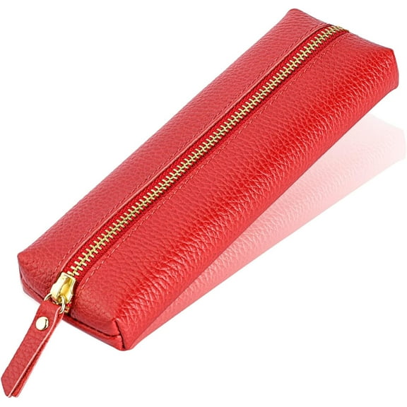 Genuine leather pen case, Cowhide pencil pouch with zipper, Soft black pen bag for adults.