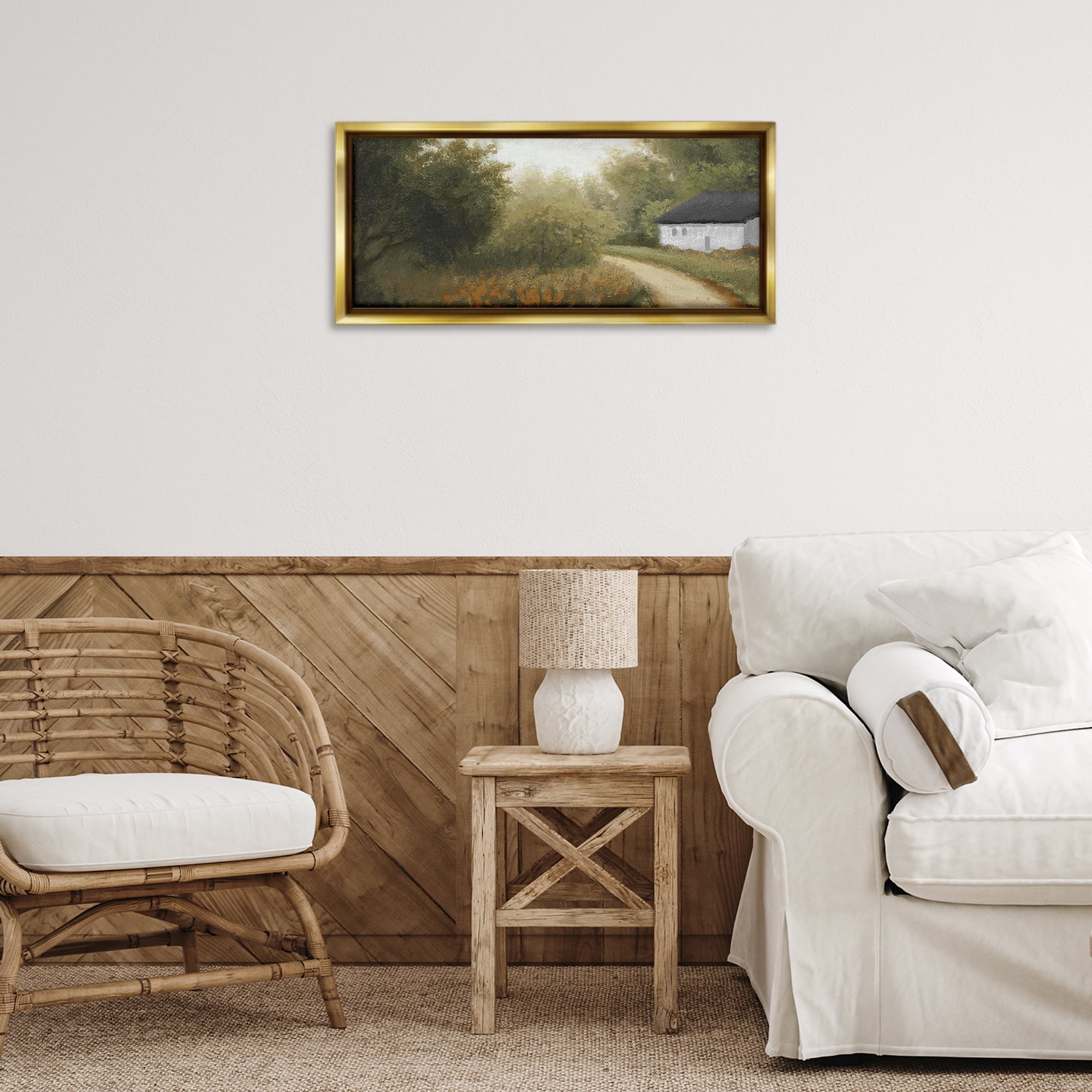 Stupell Industries Charming Country Road Landscape & Nature Painting Gold Floater Framed Canvas Art Print Wall Art, 25 x 11