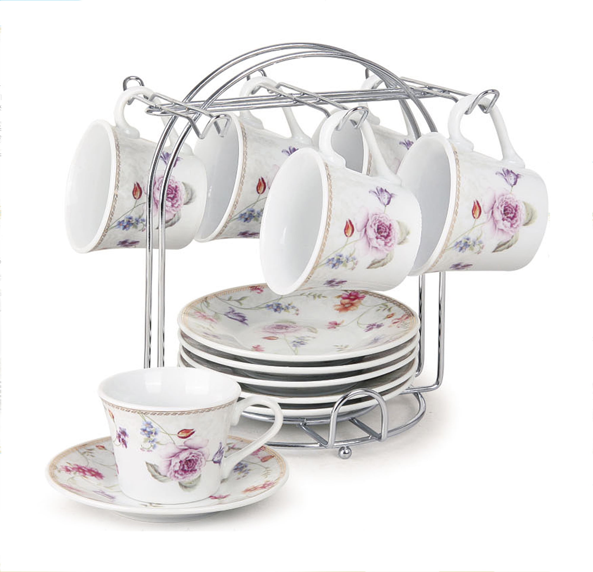 Set of 6 Porcelain Espresso Cups and Saucers Set with Metal Stand - 2oz ...