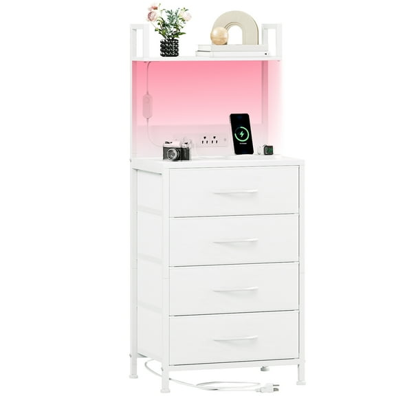 Eunos Tall Nightstand with Charging Station, White Dresser with 4 Drawers and Storage Shelves for Bedroom