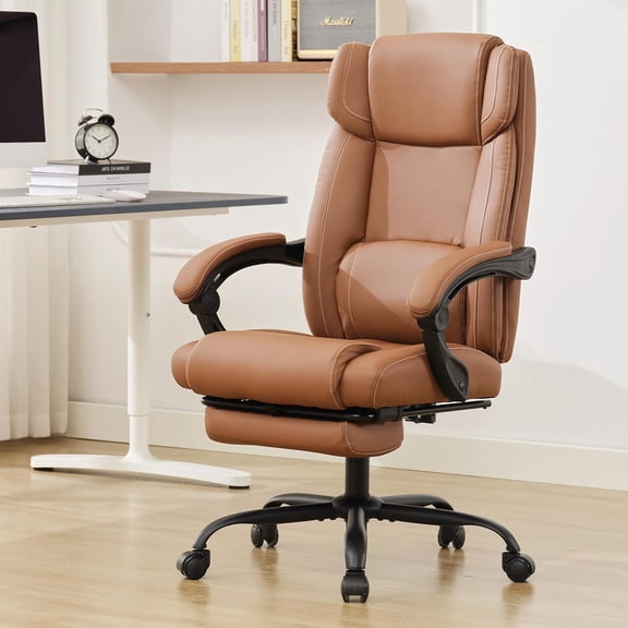Executive Office Chair with Footrest,90-155°Adjustable Reclining Office Chair, Thick Leather Chair with Lumbar Support, Ergonomic Computer Desk Chair for Home Office (Brown)