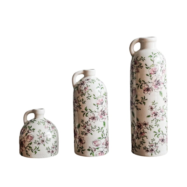 Juego de 3 jarrones de cerámica, jarrones retro con flores, diseño novedoso de estilo chinoiserie para sala de estar, repisa de granja.