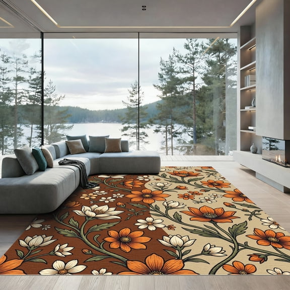 ODIKA 4' x 6' Machine Washable Non-Slip Area Rug, bohemian floral High Traffic Rug, Orange, 1144763