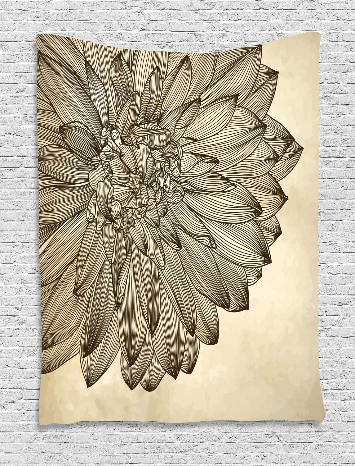 Dahlia Tapestry, Engraving Style Drawing of a Big Blossom on Grungy