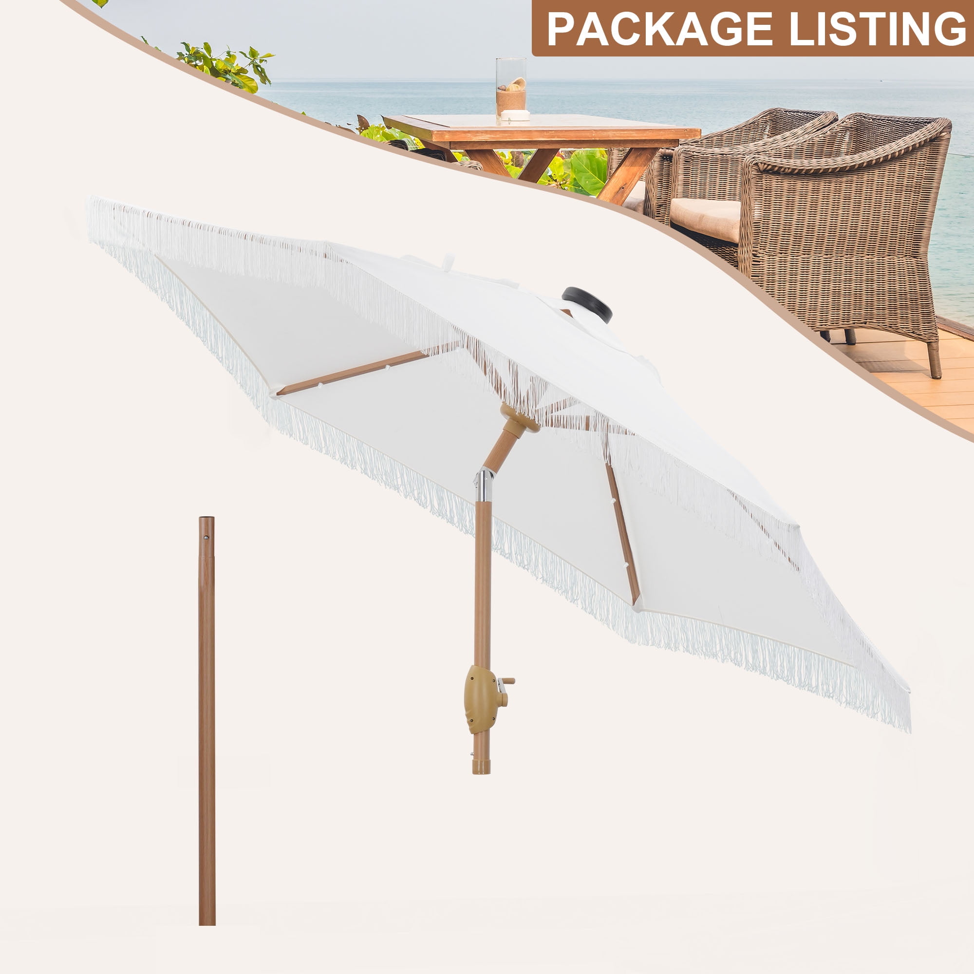 Ainfox 7.5 ft Boho Fringe Patio Umbrella with LED Solar Lights,Waterproof Outdoor Tassels Umbrella for Deck, Table, Garden, White