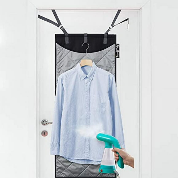True & Tidy XL Over The Door Protective Clothes Steamer Pad, Ironing and Press Pad, Helps Protect Surfaces While Garment Steaming, with 3 Hanger Hooks, Silver (MAT-200A)