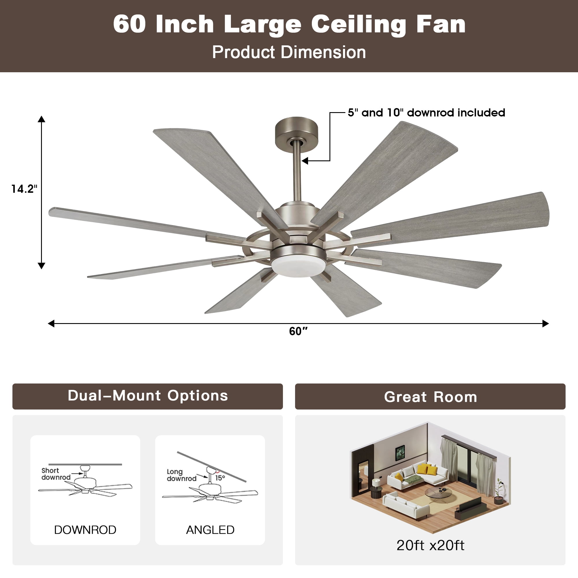 Parrot Uncle 60 inch Satin Nickel Ceiling Fan with LED Light and Remote Control