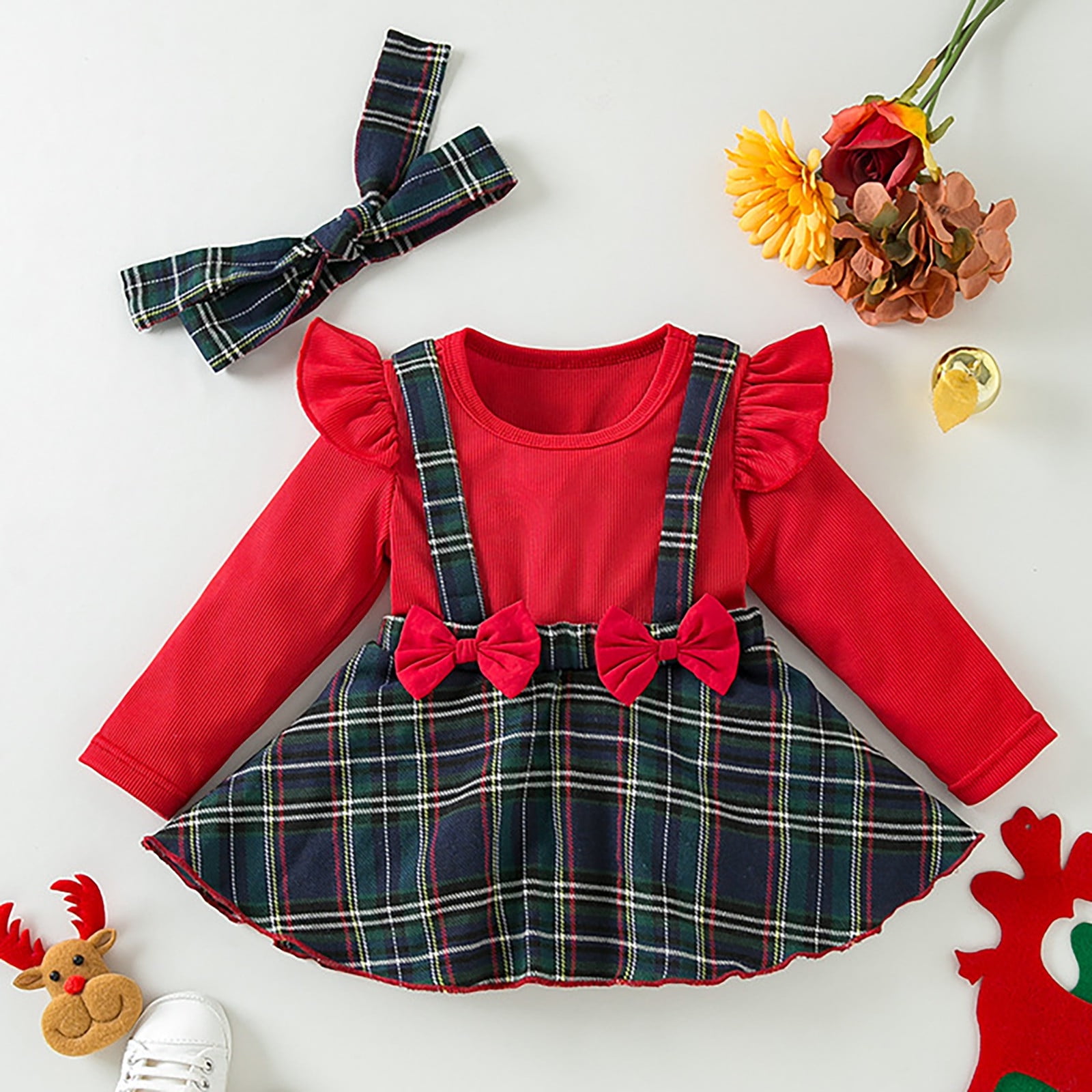 Ulitacool Infant Dresses For Girls Christmas Crewneck Sundress Long Sleeve Bow Graphic Dresses Bodysuit Trend Clothes 9-12 Months Green