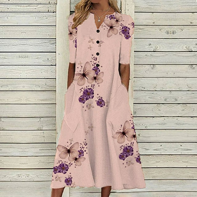 Robe de Plage Femme Décontractée à Manches Courtes Robes Taille Empire Robe sous le Genou Poches
