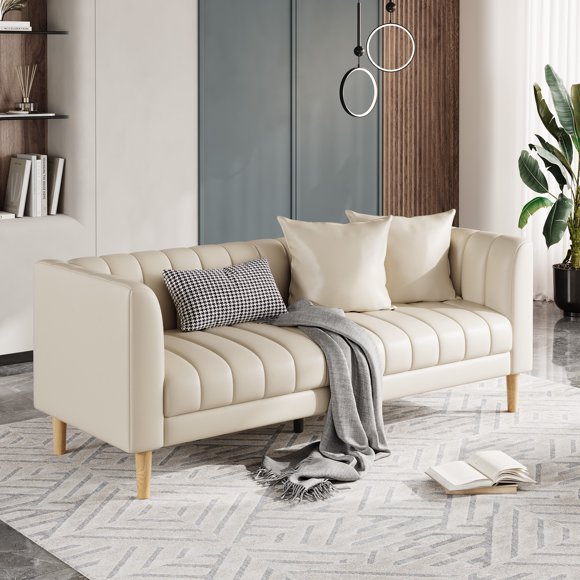3-Seater Mid-Century Modern Faux Leather Sofa - Solid Wood Legs Loveseat with 2 Throw Pillows, Easy Assembly for Living Room/Bedroom