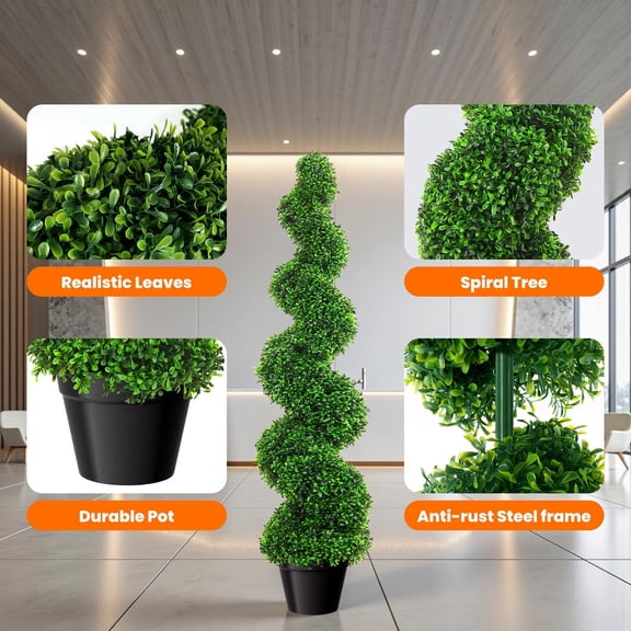 Anti-Rust Frame Spiral Topiary Shrubs 2 Set, 11 35.4 11 inches Durable Fake Boxwood Trees with Stable Pot, Reinforced Structure for Porch Balcony Home Yard Decor