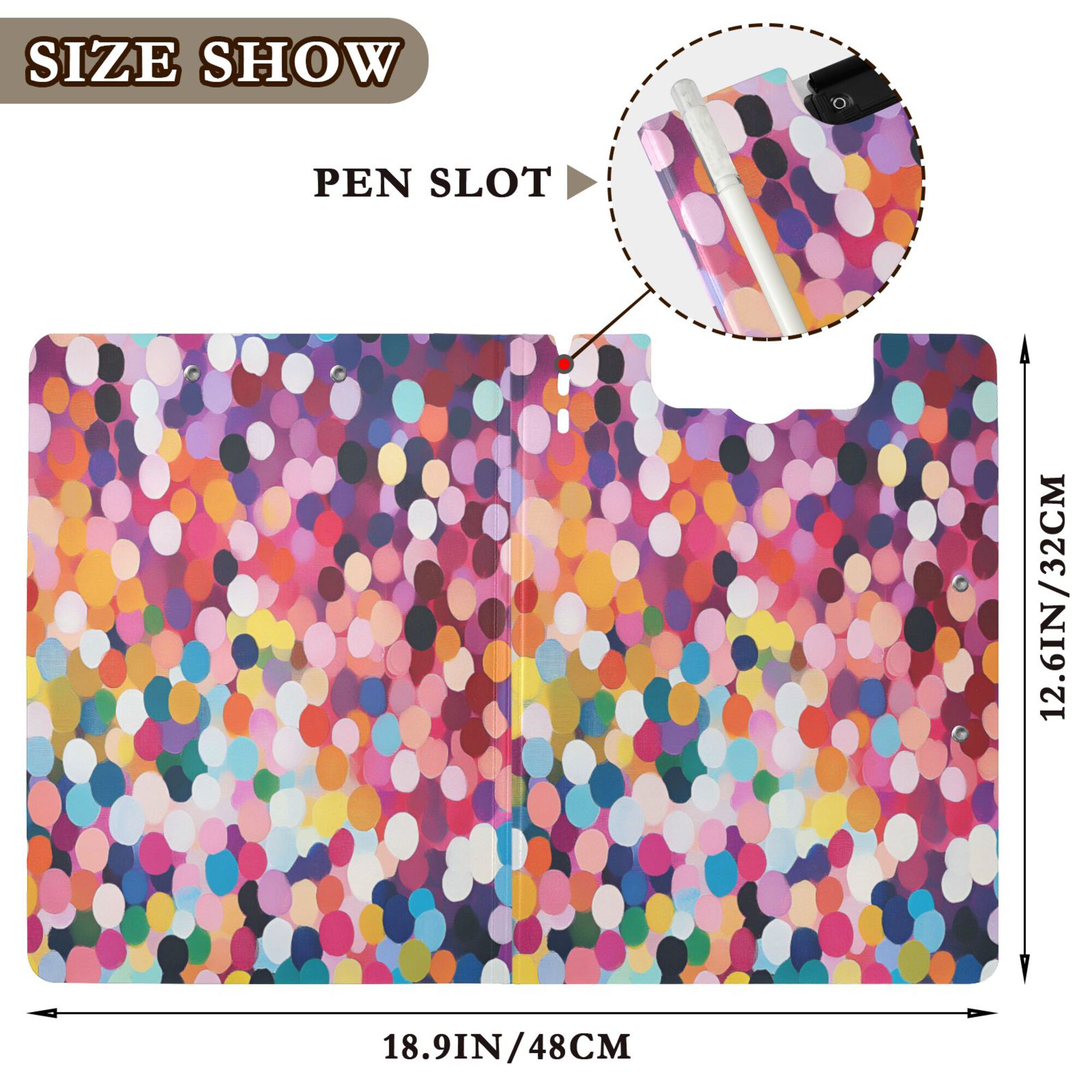 FORMRS A4 Clipboard Folder with Pen Holder Horizontal Foldable School Office Binder, Black Colorful Circles