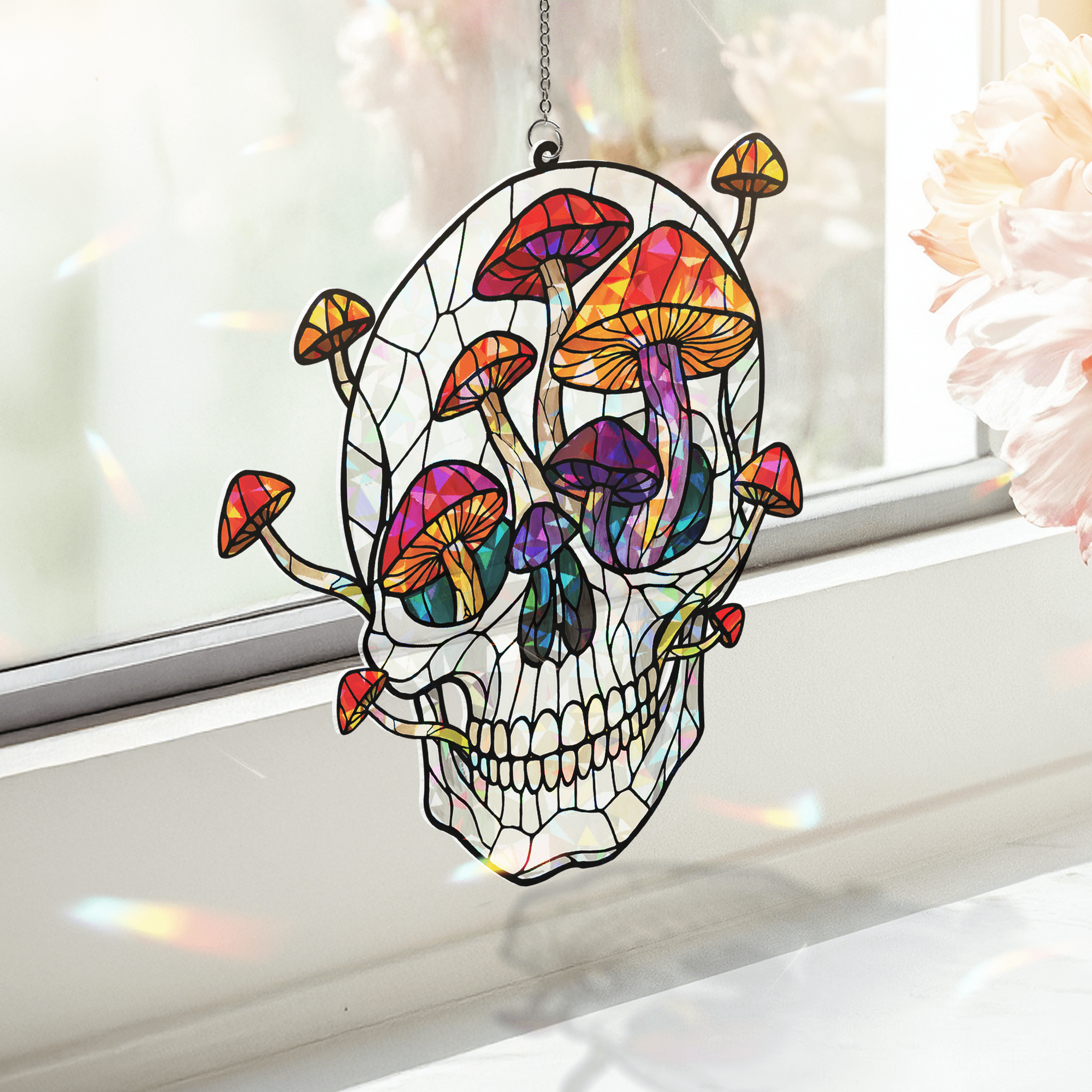 Lotusprinthandmade Skull with Mushroom Graphic Custom Shape Broken Glass Hologram Ornament 8in, holographic mushroom skull window hanging