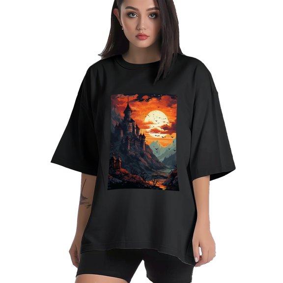 Plus Size Shirt for Women Black Tops for Women Short Sleeves Shirt for Women Castle (75） T Shirt Crewneck Shirt for Women XS