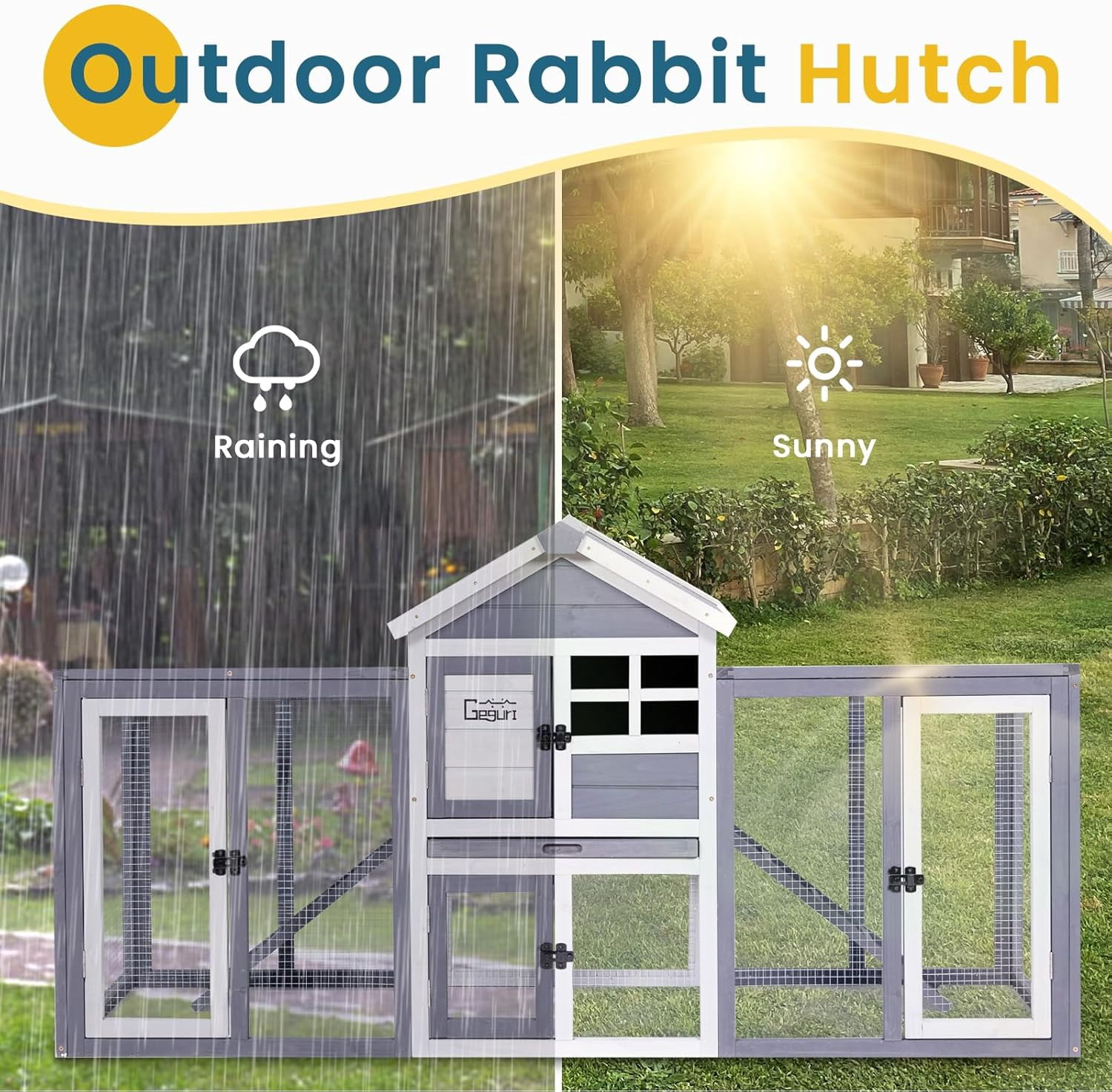 GEGURI Chicken Coop Outdoor, Rabbit Hutch Indoor, Bunny Cage with Waterproof Roof, Pull Out Tray, Predator-Resistant Fencing