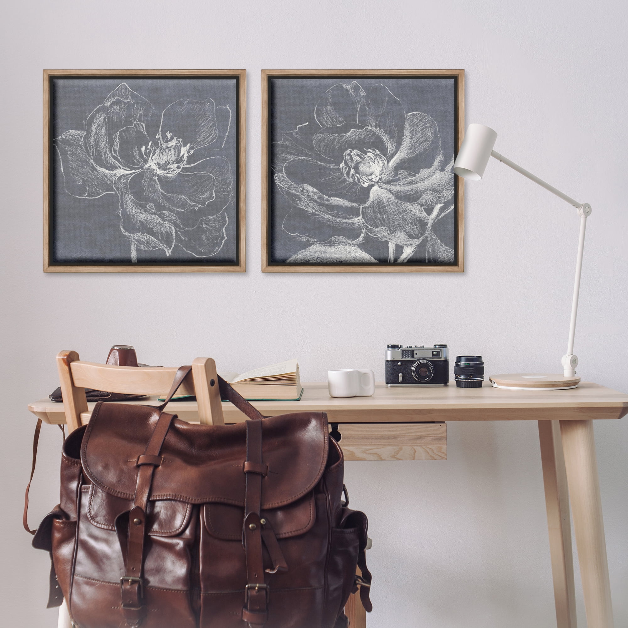 Stupell Industries Chalkboard Magnolia Blossom Plants & Flowers Drawing Brown Floater Framed Canvas Art Print Wall Art, 25 x 25, Set of 2