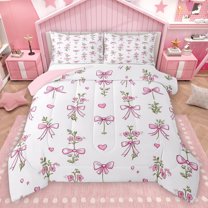 Homewish Kawaii Bowtie Ribbon Bedding Comforter Set,Cute Cartoon Flower Twin Comforter Sets,Pink White Bedding Set For Girl Kids,Luxury Bedroom Decor Reversible,2 Pieces