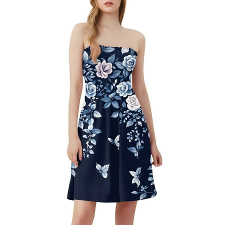 JGNGSHN Womens Summer Strapless Dress Flowy Trendy Smocked Tube Dresses Casual Beach Party Mini Boho Sundresses