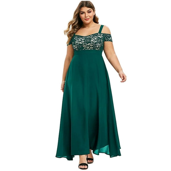 Beach Dresses for Women Casual Summer, Womens Plus Size Lace Cold Shoulder Long Swing Dresses Short Sleeve High Waist Evening Party Maxi Dress Swing Sundress