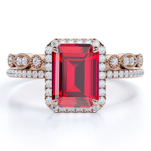 JeenMata 2 Carat Emerald Cut Lab Created Ruby Engagement Ring Set - July Birthstone Ring - 18k Rose Gold over Silver